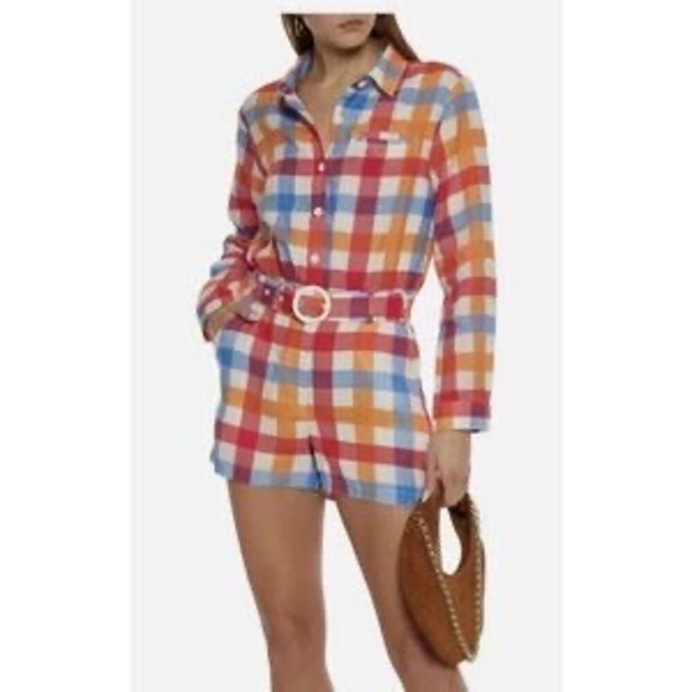 Solid & Striped Womens XS Colorful Plaid Long Sleeve Belted Romper Linen Retro